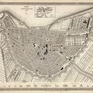 Carte d'Amsterdam, Pays-Bas (néerlandais), 1844. Matériel de restauration vintage pour maison, impression de reproduction de carte murale ancienne de style déco.