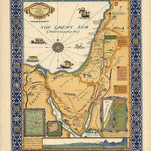 The picture map of the Holy Land, 1928.  Vintage restoration hardware home Deco Style old wall reproduction map print.