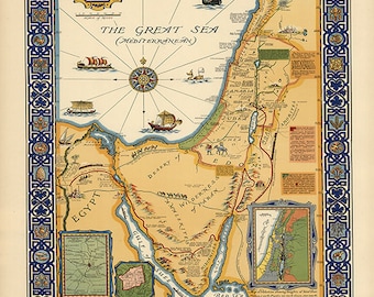 The picture map of the Holy Land, 1928.  Vintage restoration hardware home Deco Style old wall reproduction map print.