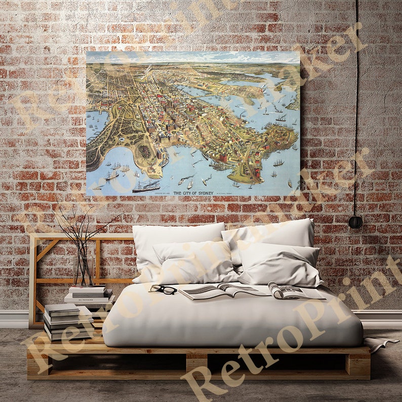 Map of Sydney New South Wales Vintage restoration hardware home Deco Style old wall reproduction map print. 1888 Australia