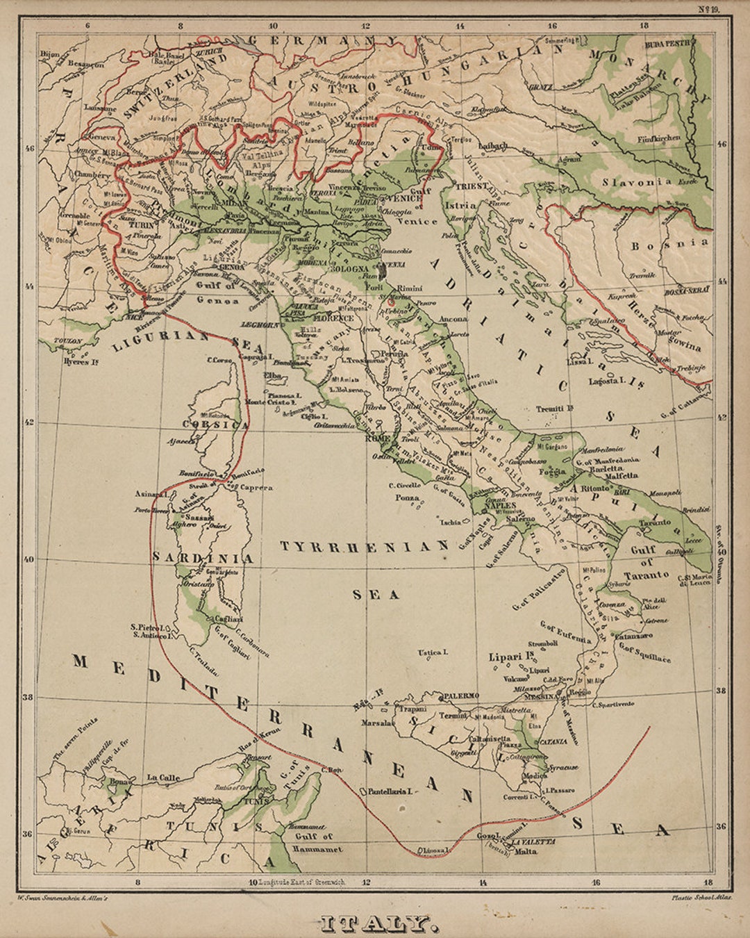 1880 年のイタリアの地図。ビンテージ ホーム デコ スタイルの