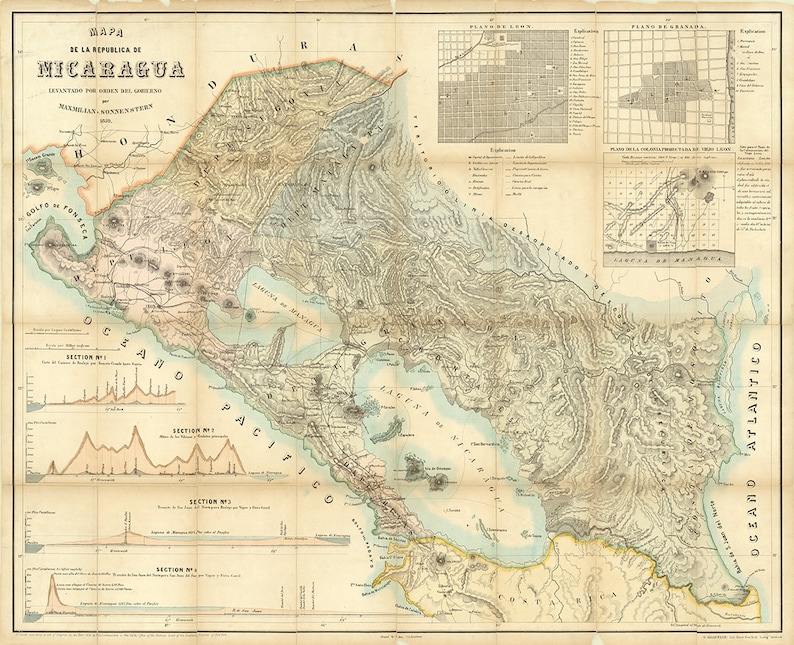 Map of Nicaragua 1858. Vintage Home Decor Style Old Wall Etsy