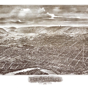 Reading, comté de Berks, Pennsylvanie, 1898. Bailey & Moyer.  Reproduction d'impression vintage de carte vue aérienne PA0056