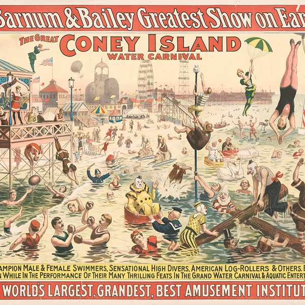 The Barnum & Bailey Greatest Show on Earth - The great Coney Island water carnival. 1898.  Reproduction Giclee print.