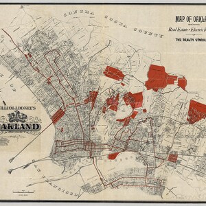 Map of Oakland, California CA. William J. Dingee.  Home Deco Style Old Wall Vintage Giclee Reproduction.