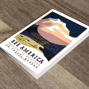 Tarjeta de felicitación - Vea América Bienvenido a Montana, U.S.Travel Bureau, que promueve el turismo y muestra un grupo de tipis con una montaña al fondo.