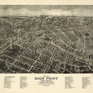 Karte von High Point, Region Piemont Triad. North Carolina N.C. 1913. Restaurierung Hardware Home Deco Stil Alte Reproduktion