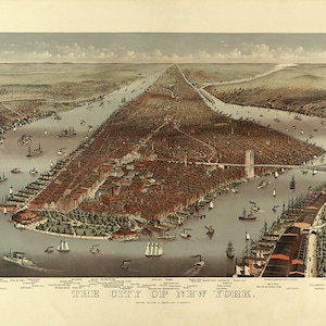 Manhattan, Nueva York, 1884, vista hacia el norte, Battery Park, río Hudson, Central Park, Brooklyn. Reproducción artística de póster NY0046.