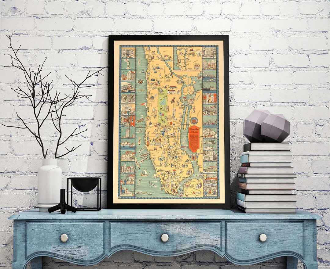 Map of New York Manhattan, NY. Vintage Home Deco Style Old Wall ...