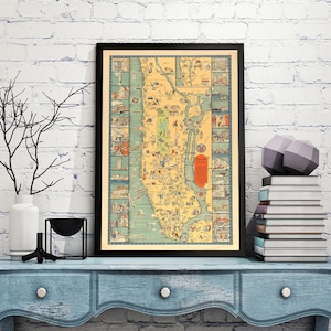 Map of New York Manhattan, NY.  Vintage home Deco Style old wall reproduction map print.