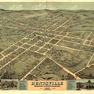 Carte de Huntsville, comté de Madison, Alabama, Alabama, 1871. Reproduction de carte murale ancienne de style déco pour maison.
