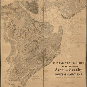 Coast Survey of Charleston Harbor, South Carolina SC 1823, 1824, 1825. Vintage restoration hardware home Deco wall reproduction map print. image 1