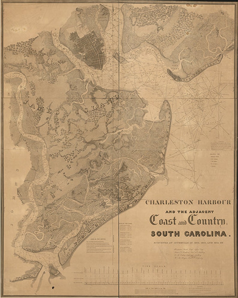 Coast Survey of Charleston Harbor, South Carolina SC 1823, 1824, 1825. Vintage restoration hardware home Deco wall reproduction map print. image 1