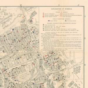 May include: A vintage map of London, England, with a key explaining symbols for places of worship, public elementary schools, and houses licensed to sell intoxicating drinks. The map is in black and white with red and blue markings.