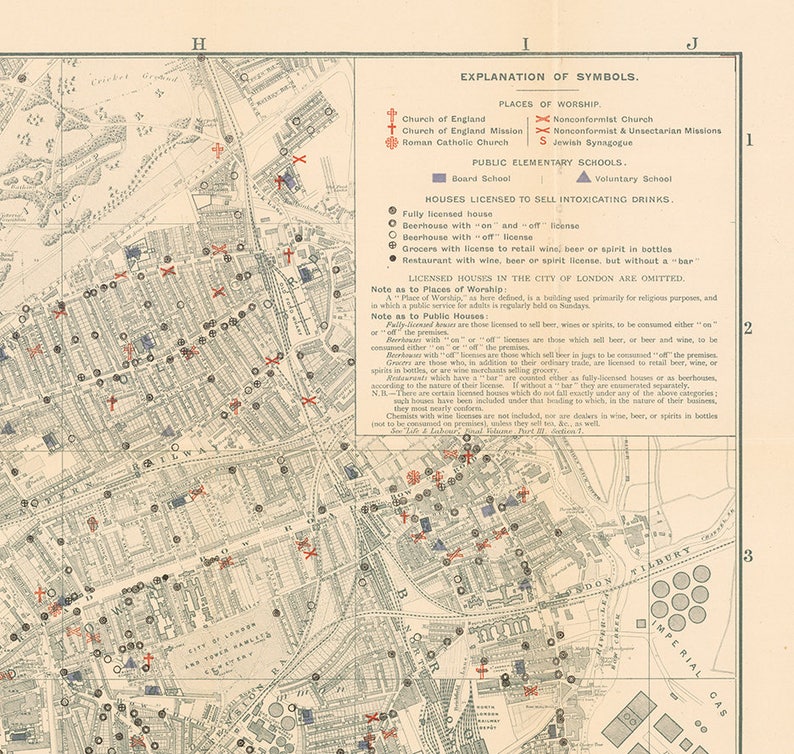 May include: A vintage map of London, England, with a key explaining symbols for places of worship, public elementary schools, and houses licensed to sell intoxicating drinks. The map is in black and white with red and blue markings.