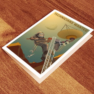 Technicians Wanted to Engineer our Future on Mars - Greeting Card.  NASA Mars explorers wanted series Retro Design greeting cards.