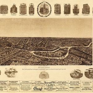Karte von Dallas, Texas...1892. Vintage Restauration Hardware home Deco Stil alte Wandreproduktion Kartendruck.