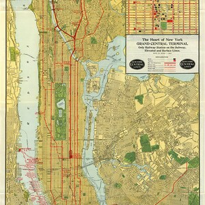 Mappa della Central Line di New York 1918. Il cuore del Grand Central Terminal. Unica stazione ferroviaria sulle linee della metropolitana, sopraelevata e di superficie. Mappa.