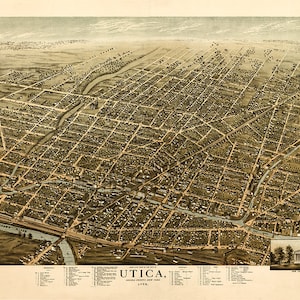 Mapa de Utica, condado de Oneida, valle Mohawk, 1873, Nueva York, NY. Impresión artística vintage con vista aérea.