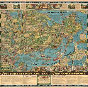 Pictorial Map of Cape Ann and North Shore, Essex County Massachusetts. Vintage home Deco Style reproduction map print.