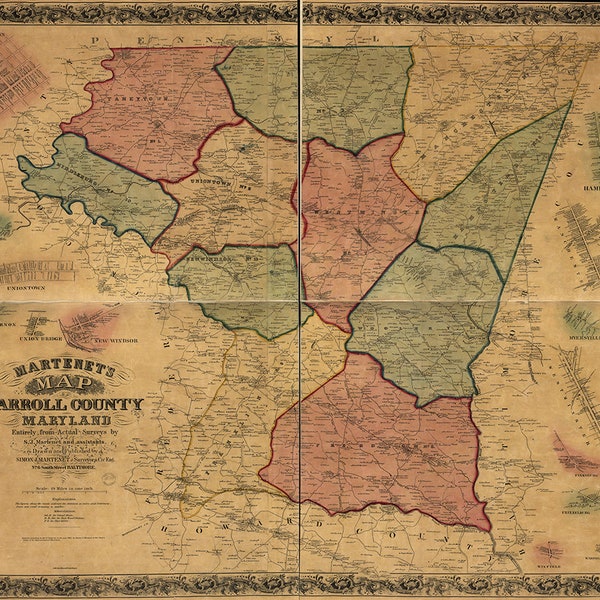 Map of Carroll County, Maryland, MD., 1862. Vintage Reproduction Print Promotional map Art Poster