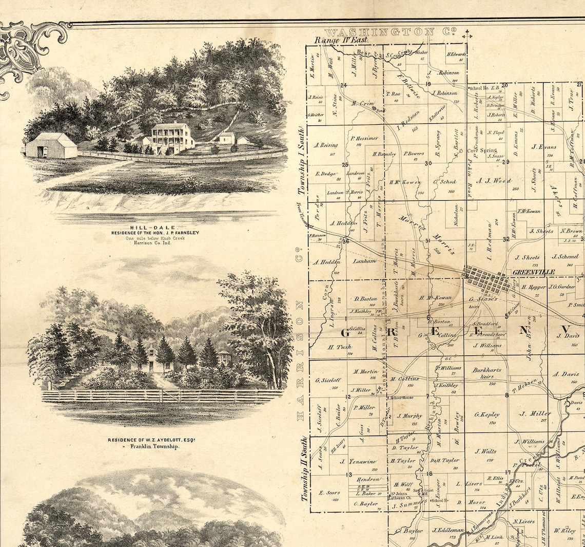 Map of Floyd County Indiana. 1882. Vintage restoration Etsy