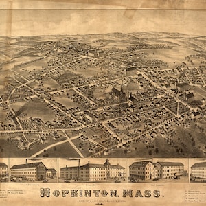 Mapa de Hopkinton, condado de Middlesex, Massachusetts, MA, 1880. Reimpresión vintage de pared de estilo decorativo para el hogar de Restoration Hardware.