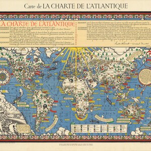 Carte de la charte de l'Atlantique The "Time and Tide" Map of the Atlantic Charter 1942).  Vintage home Deco Style old wall reproduction map