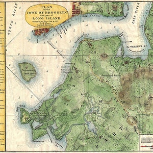 Mappa di Brooklyn, New York. 1867. Riproduzione di una vecchia mappa da parete in stile Deco, realizzata con ferramenta di restauro d'epoca.