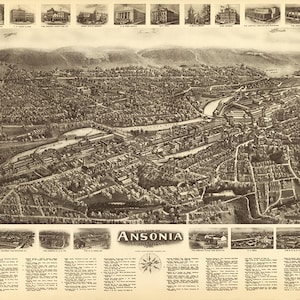 Ansonia, Connecticut, CT 1922. Hughes & Bailey. Impresión de mapa antiguo de pared, estilo art déco, para restauración de ferretería vintage. CT0019
