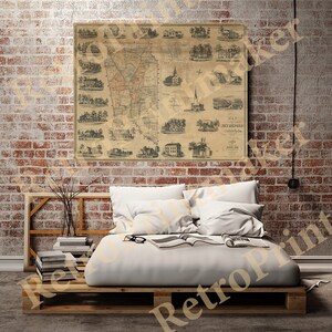 May include: An antique map of New Milford, Connecticut, with a detailed outline of the town and surrounding areas. The map is surrounded by smaller illustrations of buildings and landmarks, including churches, houses, and a schoolhouse. The map is printed on aged paper with a brown tint.