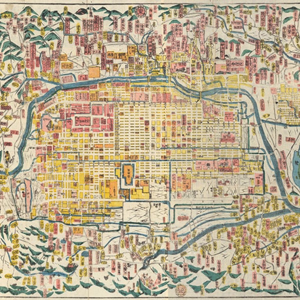 Map of Kyoto, 1863.  Vintage restoration hardware home Deco Style old wall reproduction map print.