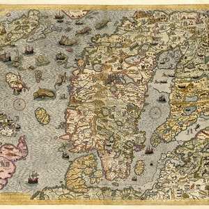 Sea map of a Scandinavia by Antony Lafreri, 1572. Carta marina. Sweden, Denmark, Norway, Iceland and Finland.  Antique Reprint.