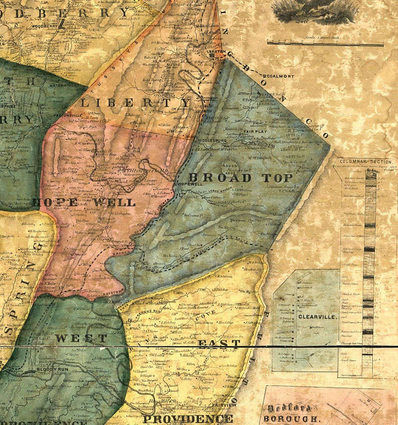 Map of Bedford County Pennsylvania PA 1861. Vintage Etsy
