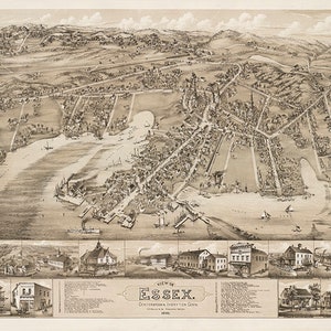Mapa de Essex, Centerbrook e Ivoryton, condado de Middlesex, Connecticut CT 1881, reproducción de mapa de pared antiguo estilo art déco de casa vintage.