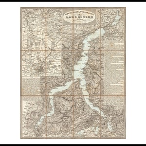 Topografische kaart van het Comomeer, Italië. Vintage kunstreproductieprint uit 1864.