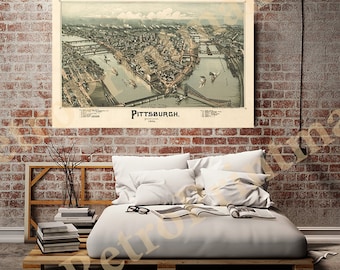 Vintage Pittsburgh, Pennsylvania 1902 Print.  Panoramic view.  Fully Restored! No Black link in the middle, printed rips! Poster Art  Map.