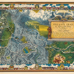 Mapa del Camino de Oregón. La Autopista de los Pioneros al Noroeste del Pacífico.  Vintage hogar Deco estilo antiguo pared reproducción mapa impresión.