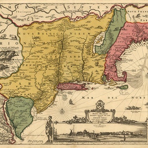Nuova Olanda e Nuova Inghilterra, e anche parti della Virginia, Novi Belgii Novæque Angliæ nec non partis Virginiæ tabula.  Mappa di riproduzione.
