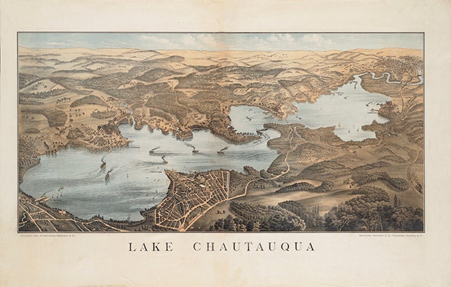 Map of Lake Chautauqua, New York, NY 1885  Vintage restoration hardware home Deco Style old wall reproduction map print.