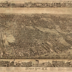 Karte von Jersey City, Hudson County, New Jersey NJ 1883. Vintage Landkarte, Restauration Hardware-home-Deco-Stil.