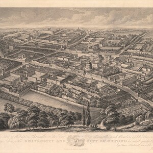 May include: A black and white engraving depicting an aerial view of the University and City of Oxford, England. The engraving shows the buildings and streets of the city, including the Radcliffe Camera, the Sheldonian Theatre, and the Bodleian Library.