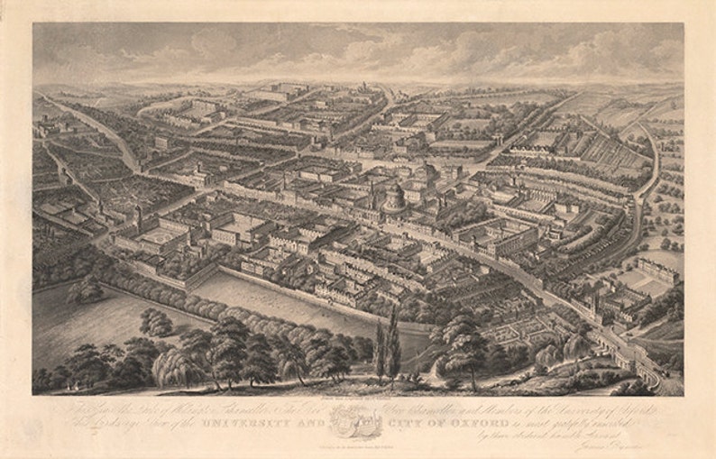 May include: A black and white engraving depicting an aerial view of the University and City of Oxford, England. The engraving shows the buildings and streets of the city, including the Radcliffe Camera, the Sheldonian Theatre, and the Bodleian Library.
