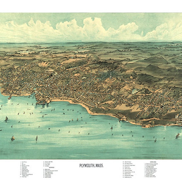 Map of Plymouth, Massachusetts Ma., 1910. Restoration Hardware Home Deco Style Old Wall Vintage Reprint.