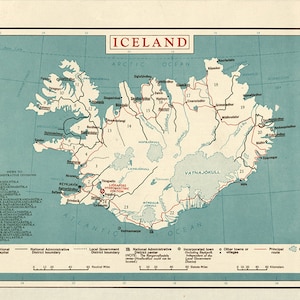 Carte de l'Islande de 1958. Réimpression vintage de vieux mur de style déco maison de quincaillerie restauration.