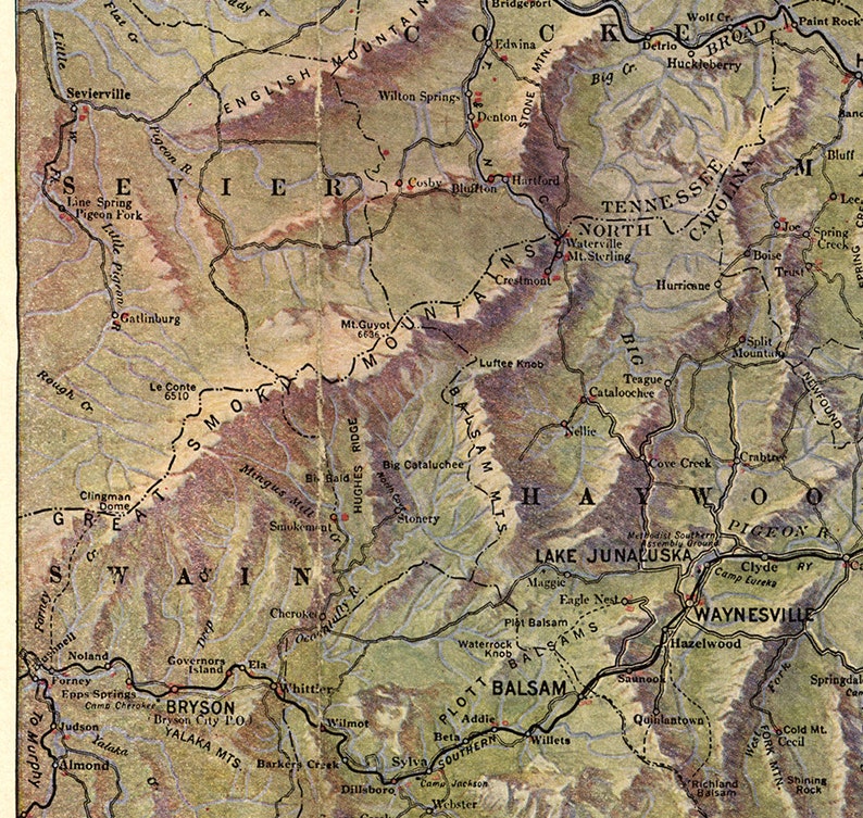 Map of Western North Carolina and Its Mountains Streams and | Etsy