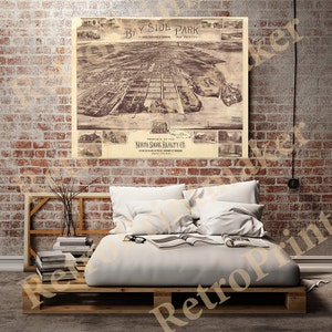 May include: Vintage map of Bay Side Park, a suburb of Queens, New York City. The map shows the layout of the streets and buildings in the area. The map is titled "Bay Side Park" and is dated 1898. The map is property of the North Shore Realty Co. in New York.
