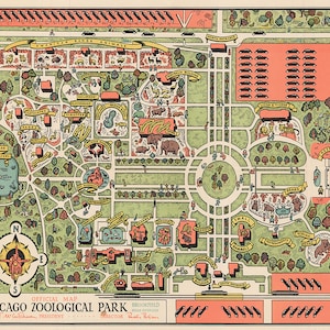 Grafische kaart van Brookfield Zoo (Chicago Zoological Park). Home Deco-stijl oude reproductie.