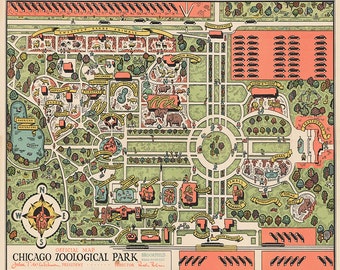 Pictorial Map of Brookfield Zoo (Chicago Zoological Park). Home Deco Style Old Reproduction.