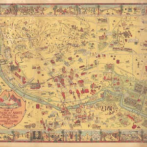 Map of El Paso del Norte also known as El Paso, Texas and Ciudad Juarez, Mexico.  Vintage Art Reproduction Map.